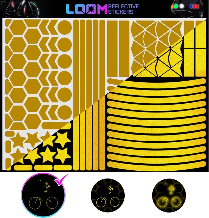Loom Reflective Stickers Mega Kit (101pcs Yellow)• Nighttime Safety Waterproof Self-Adhesive Decals for Helmets, Skateboard, Bike, Scooter, E-Bike, Motorcycle & Strollers • Bright Colors - Image 1